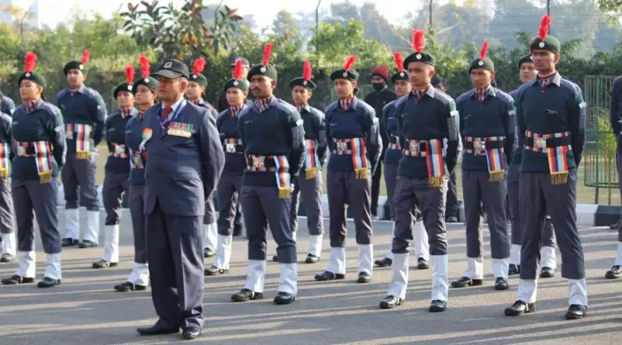 National Cadet Corps cadets in uniform on parade on campus